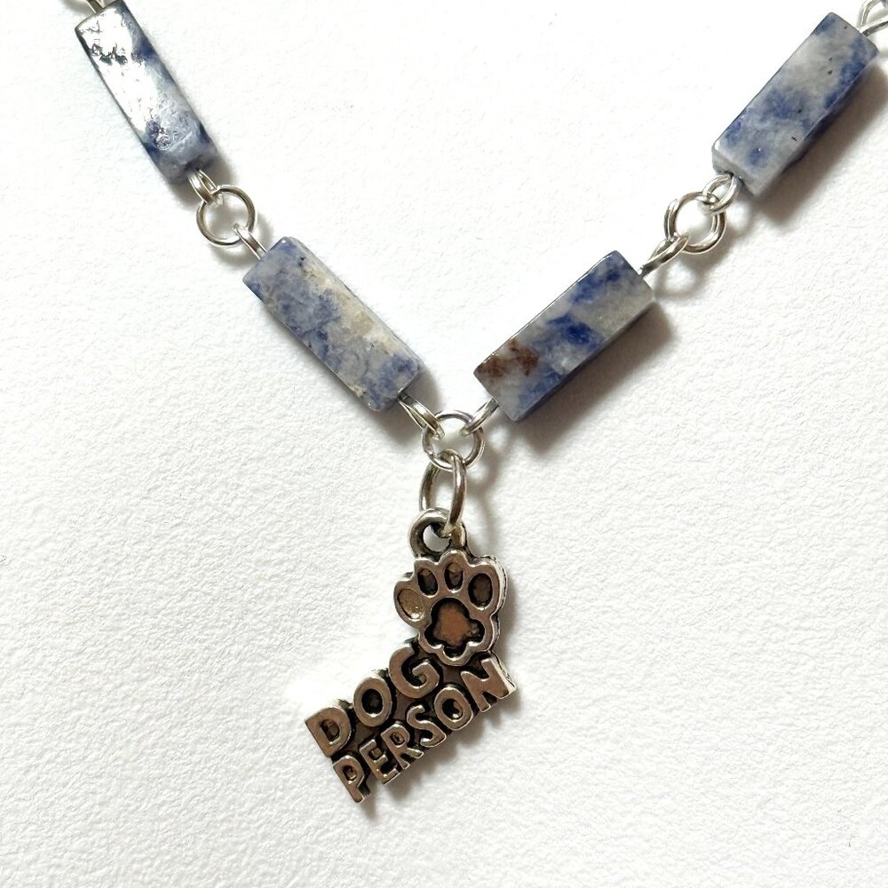 Genuine Blue White Sodalite Matinee Necklace, Gemstone & Dog Person Paw Print